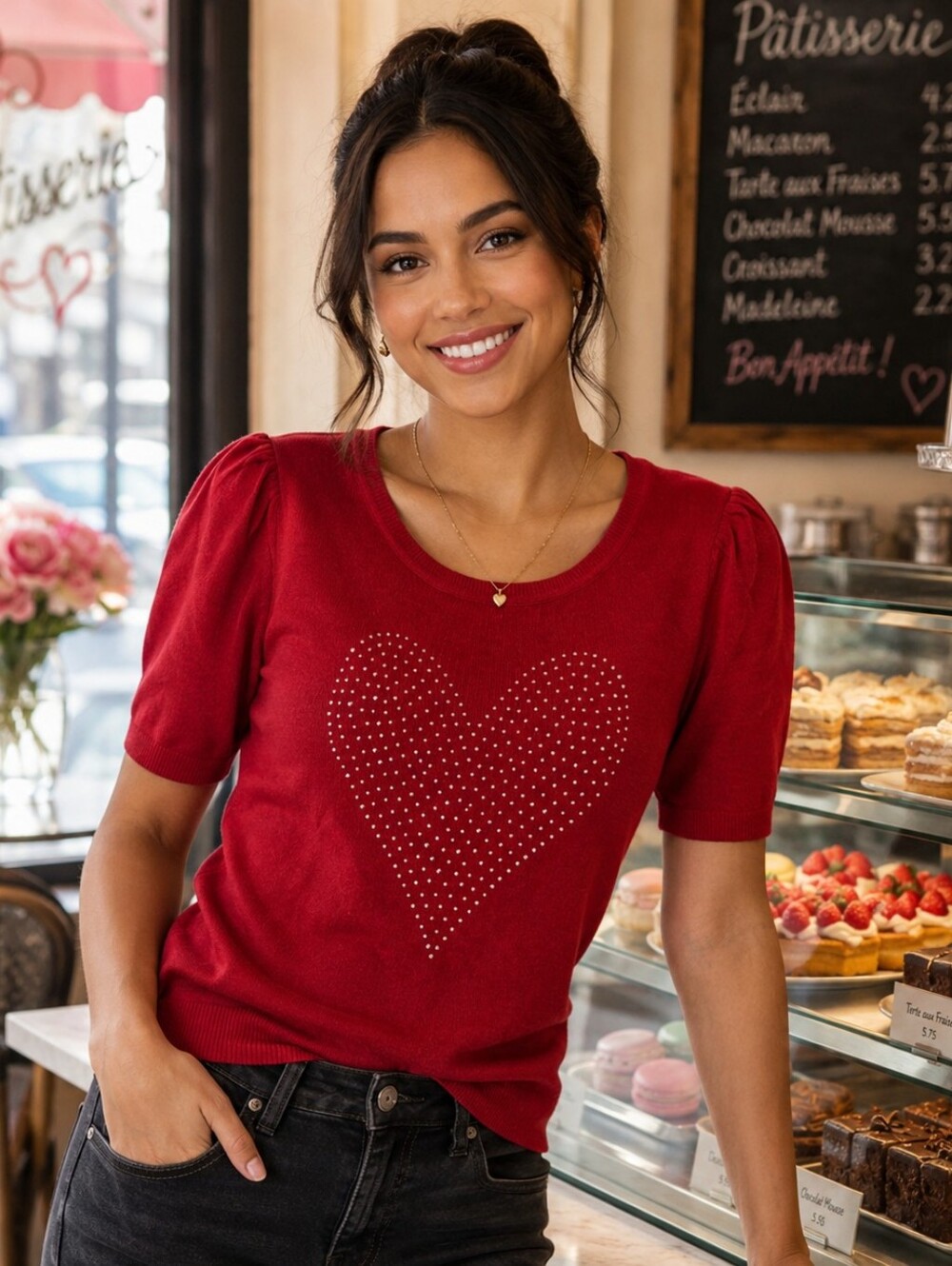 Red Blouse With Studded Heart Design